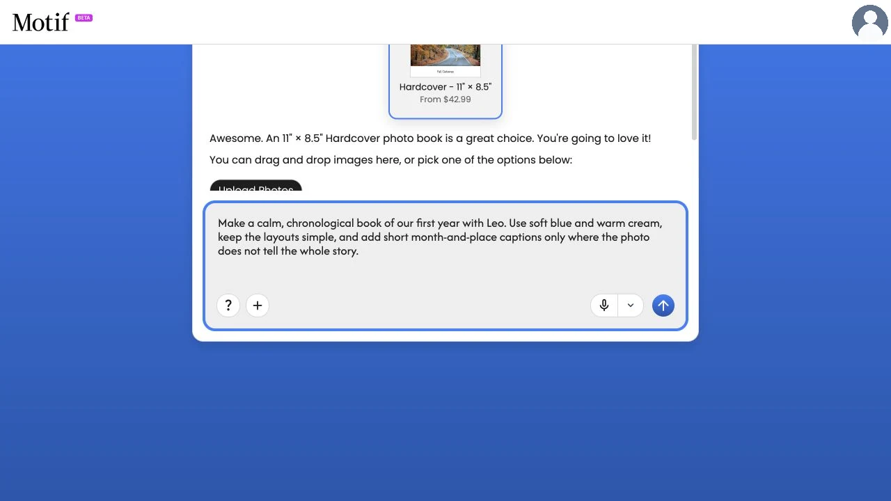 A create-page message describing a calm chronological first-year photo book with selective captions