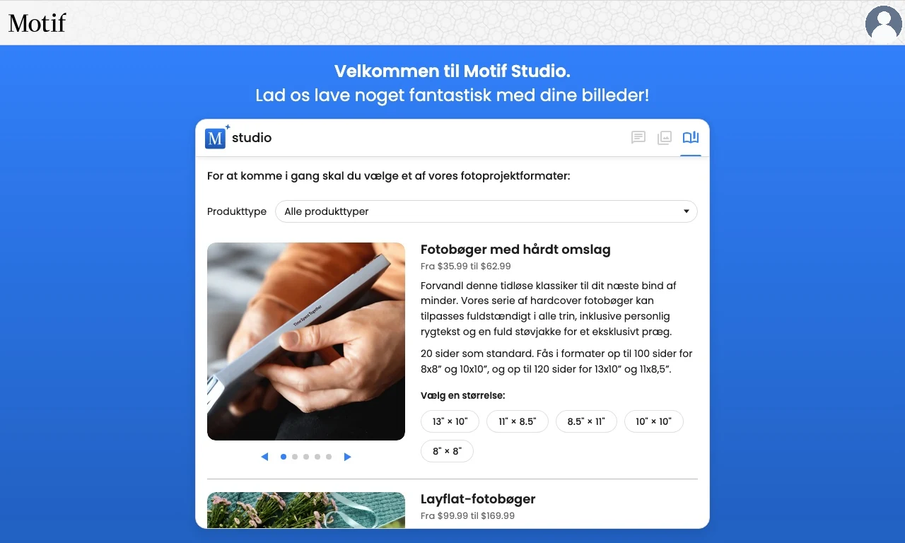 Filteret Produkttype over fotobogsvalgene i Motif Studio