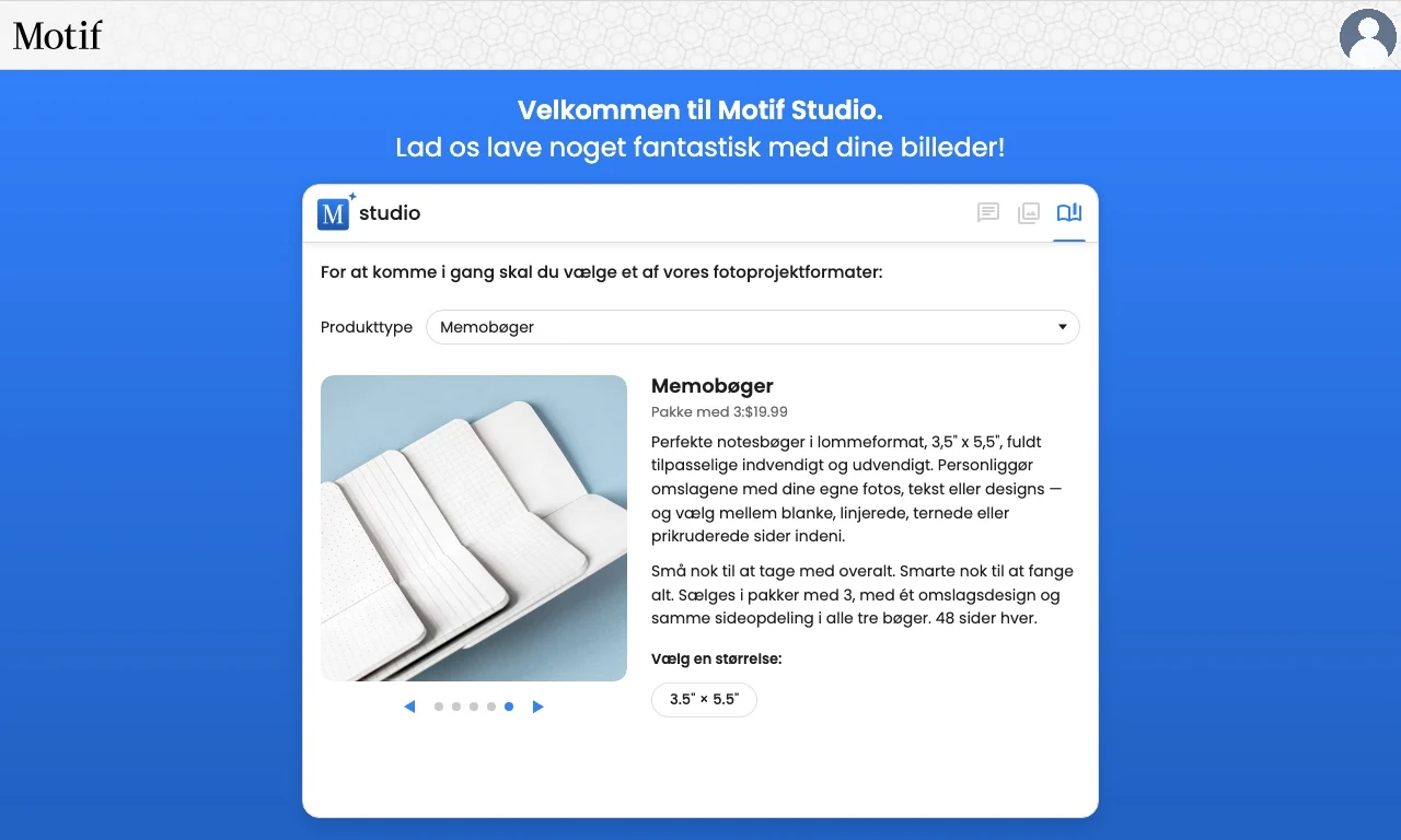 Produktvælgeren viser memobøger og de tilgængelige blanke, linjerede, ternede og prikkede indersider