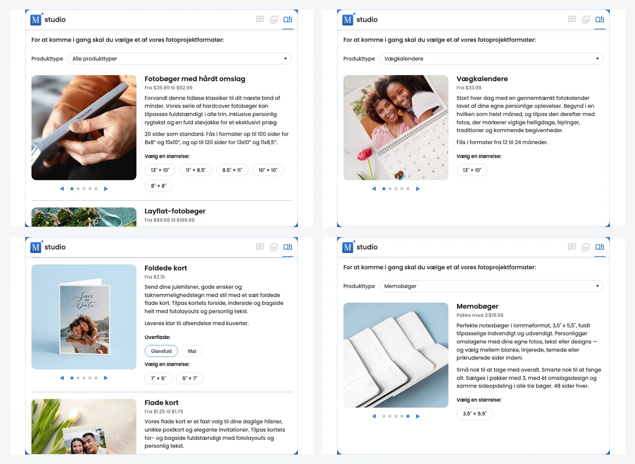 En collage med Motif Studio-produktvalg for fotobøger, vægkalendere, memobøger, kort og kompatible bogformater