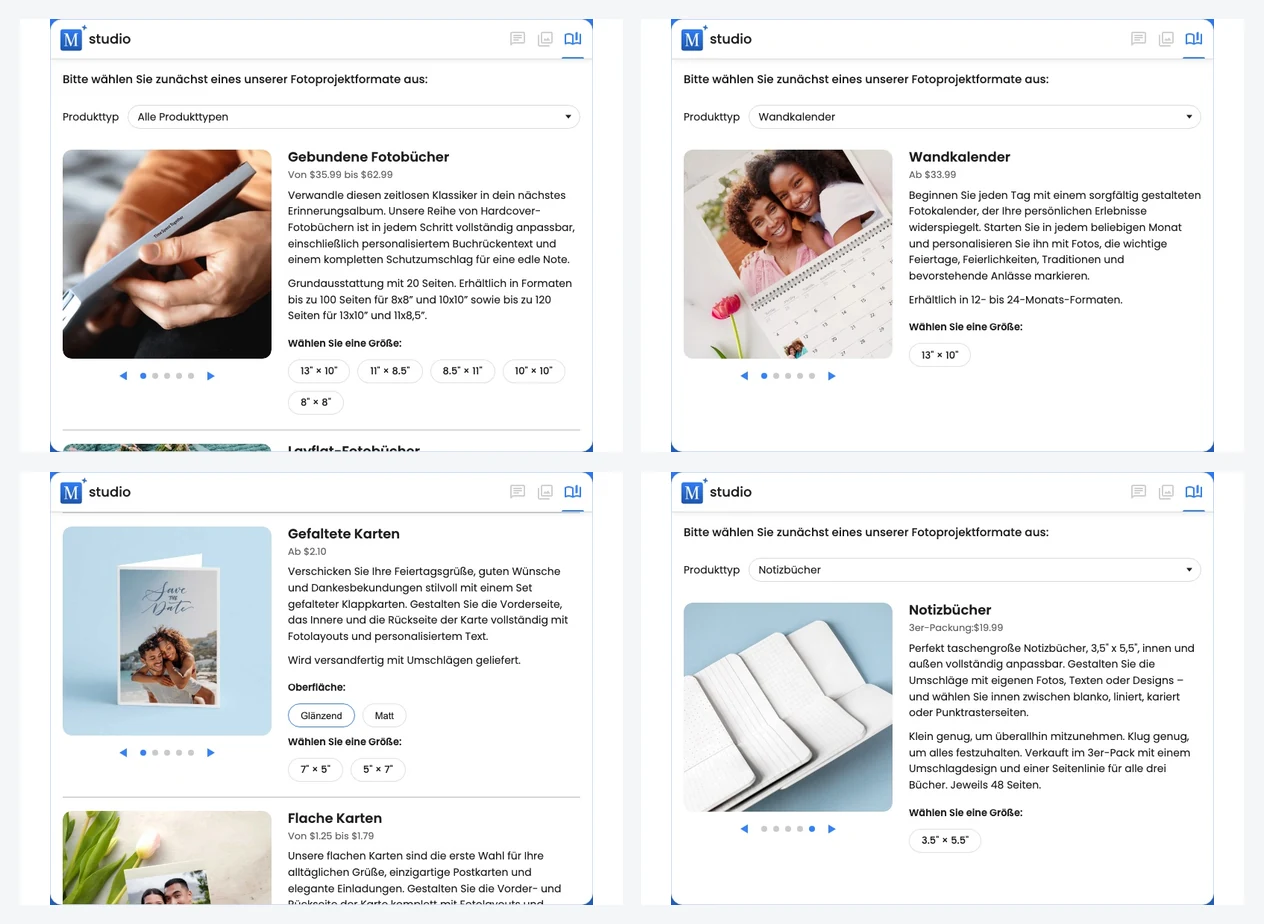 Eine Collage der Motif-Studio-Produktoptionen für Fotobücher, Wandkalender, Notizbücher, Karten und kompatible Buchformate