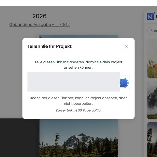 Das Fenster „Projekt teilen“ mit verdecktem privaten Vorschaulink