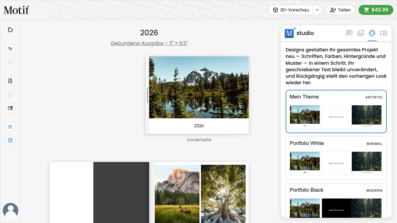 Der Tab „Themen“ mit auf dem aktuellen Projekt dargestellten abgestimmten Designs