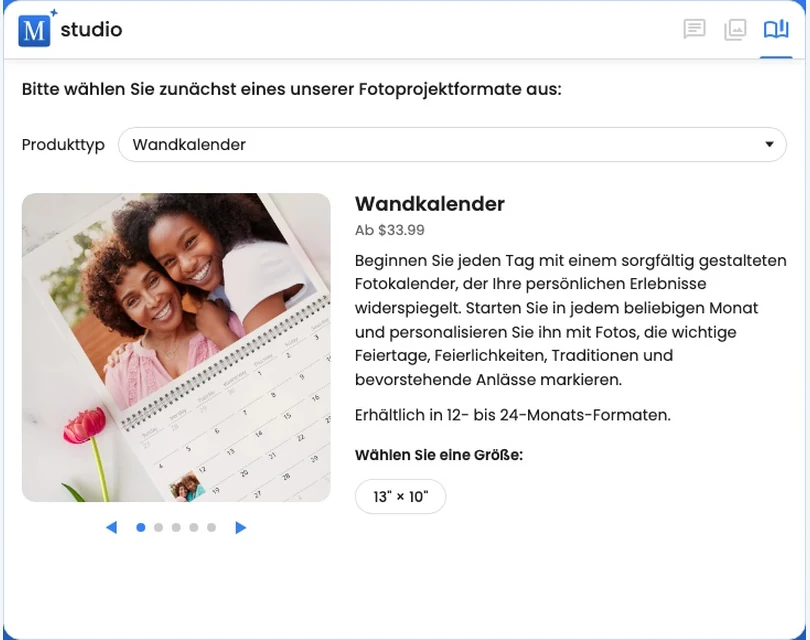 Die Produktauswahl zeigt einen anpassbaren Wandkalender und die verfügbare Größe