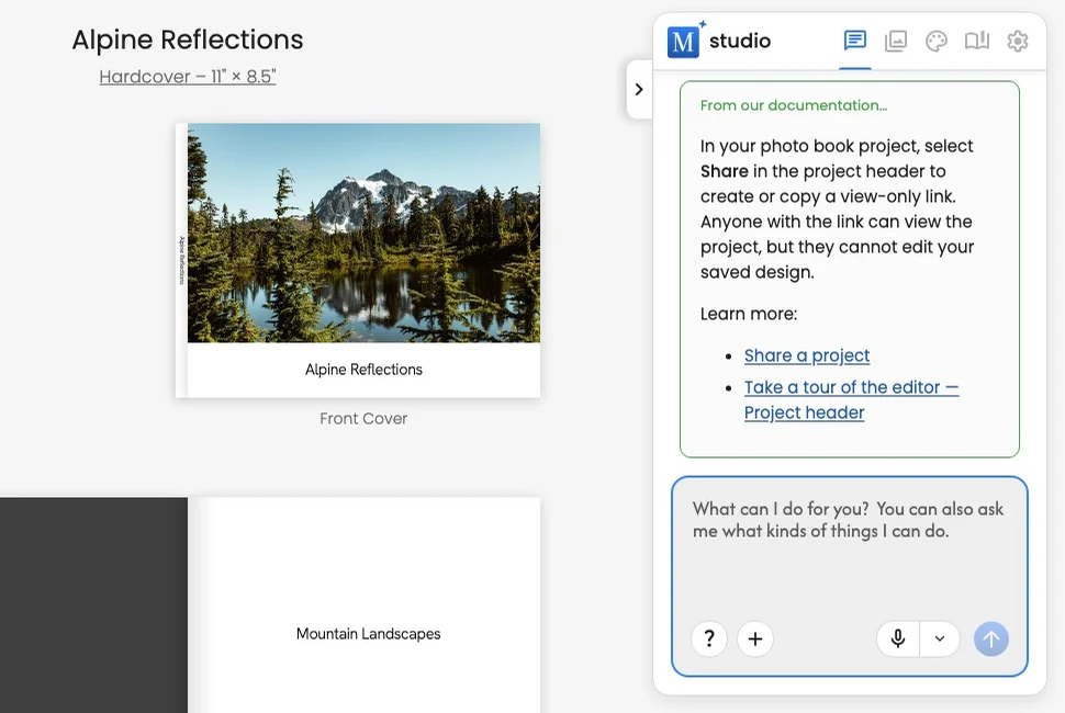 A highlighted Help answer in Chat with links to related Motif Studio guides