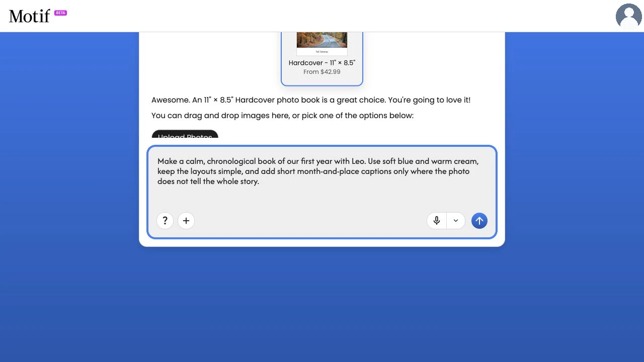 A create-page message describing a calm chronological first-year photo book with selective captions