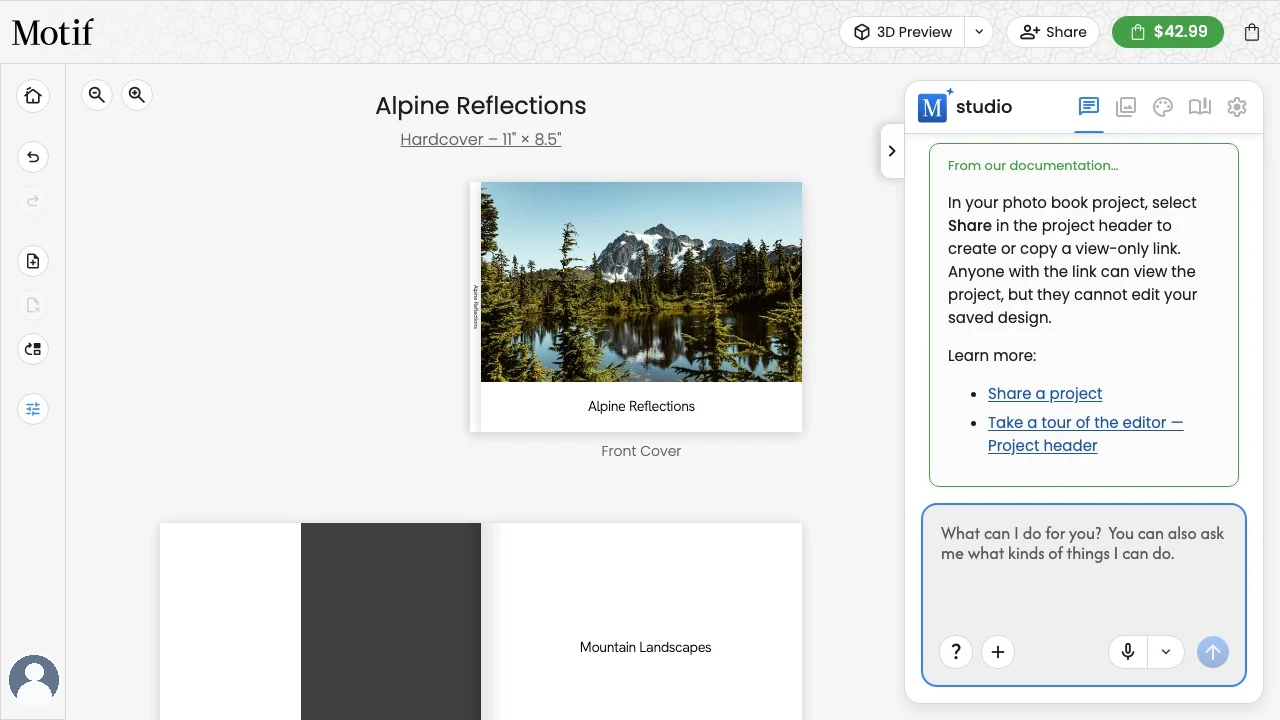 A photo book open in the Motif Studio editor with page controls on the left and Chat on the right