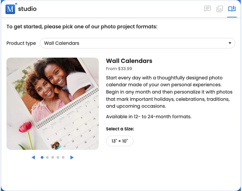 The product picker showing a customisable wall calendar and its available size