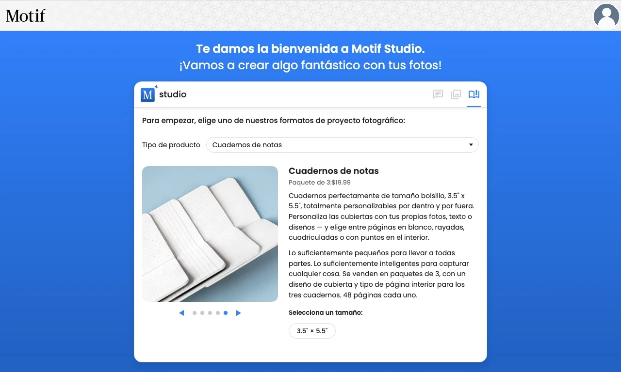 El selector de productos muestra cuadernos de notas y los interiores disponibles: en blanco, rayados, cuadriculados y con cuadrícula de puntos