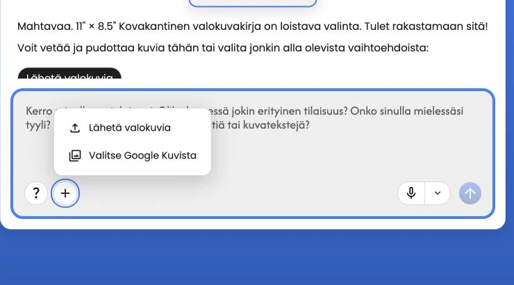 Lisää valokuvia -valikko, jossa ovat vaihtoehdot Lähetä valokuvia ja Valitse Google Kuvista