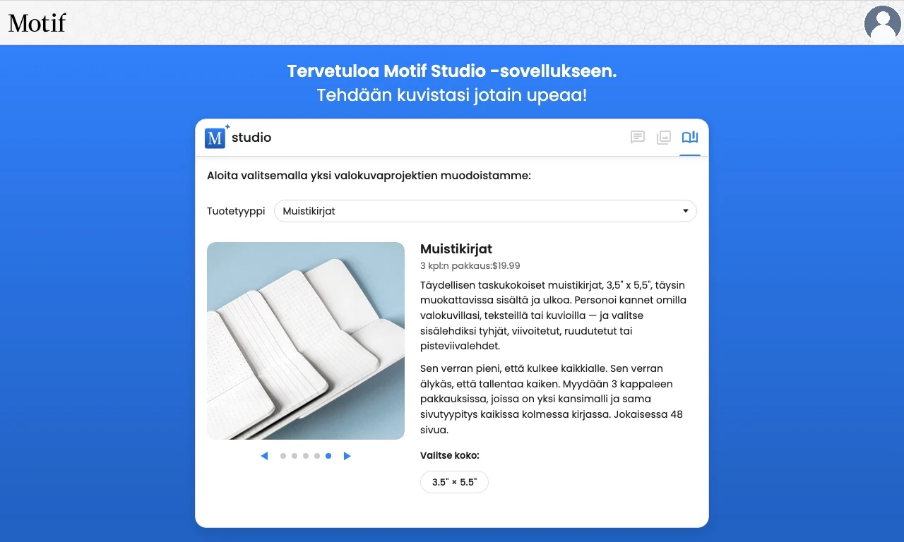 Tuotevalitsin näyttää muistikirjat sekä saatavilla olevat tyhjät, viivoitetut, ruudutetut ja pistekuvioidut sisäsivut