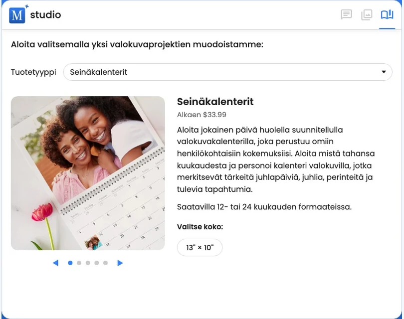 Tuotevalitsin näyttää mukautettavan seinäkalenterin ja sen saatavilla olevan koon