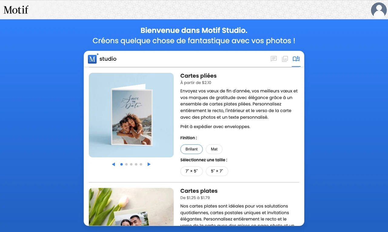 Le sélecteur de produits présentant des cartes plates et pliées, avec leurs formats et finitions