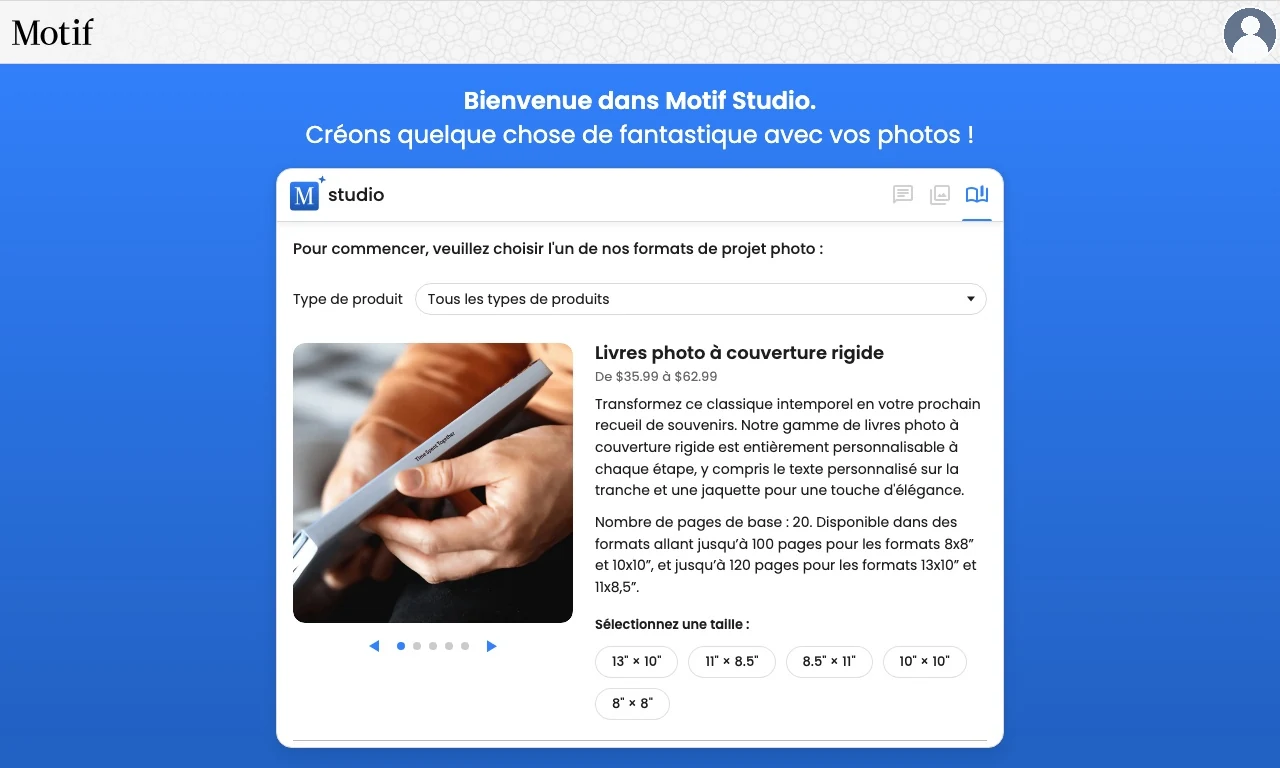 Le filtre Type de produit au-dessus des choix de livres photo dans Motif Studio