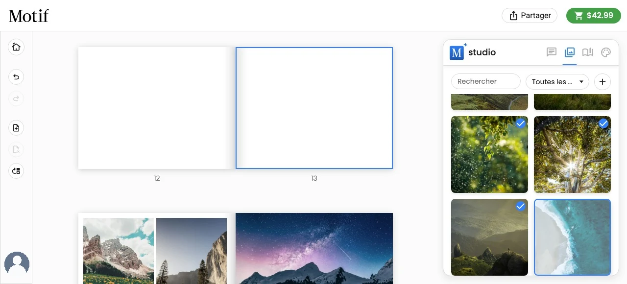 Une photo glissée depuis l’onglet Photos au-dessus d’une page du projet qui se met en surbrillance pour l’accueillir