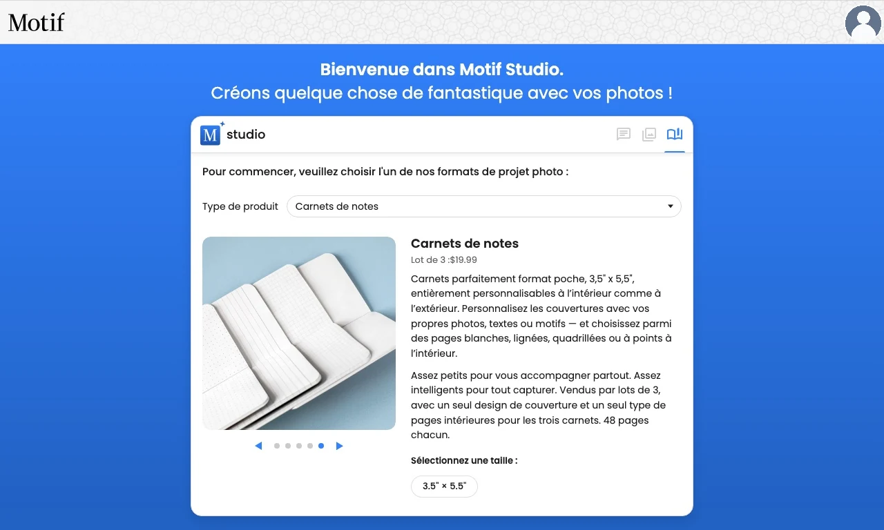 Le sélecteur de produits présentant des carnets de notes ainsi que les intérieurs vierges, lignés, quadrillés et pointillés disponibles