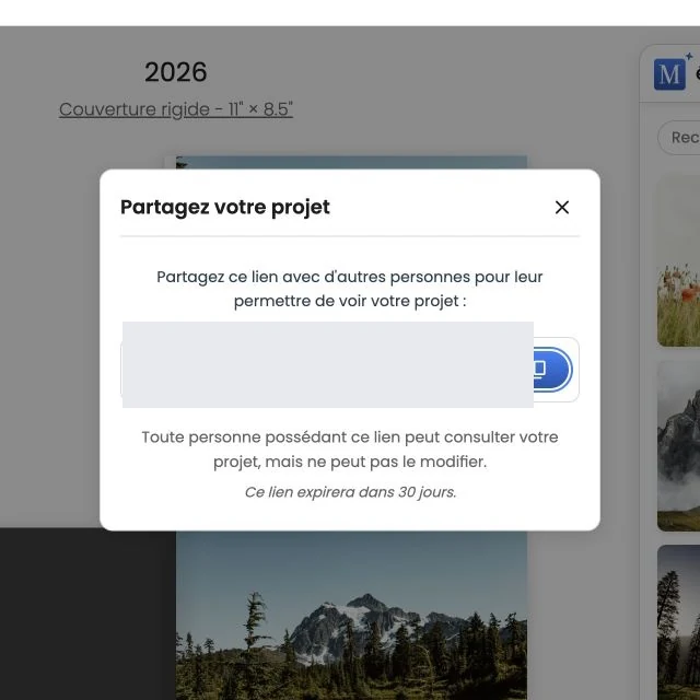 La fenêtre Partager votre projet avec son lien privé masqué