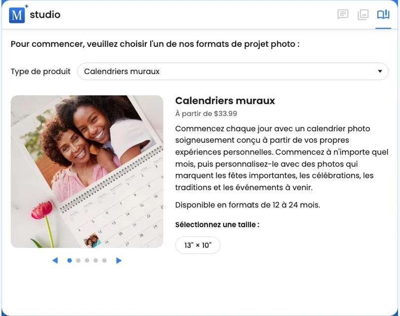 Le sélecteur de produits présentant un calendrier mural personnalisable et le format disponible