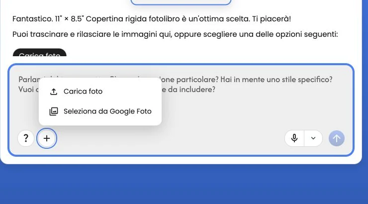 Il menu Aggiungi foto con le opzioni Carica foto e Seleziona da Google Foto