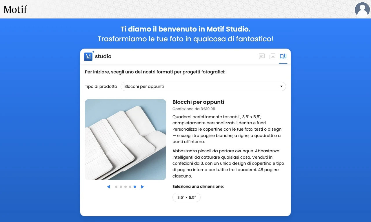 Il selettore dei prodotti che mostra i taccuini e gli interni disponibili con pagine bianche, rigate, quadrettate e puntinate