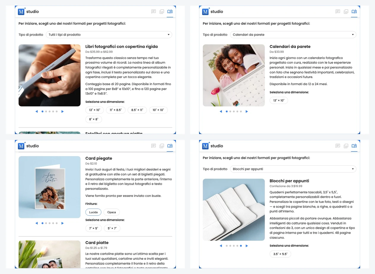 Un collage delle opzioni Motif Studio per fotolibri, calendari da parete, taccuini, cartoline e formati di libro compatibili