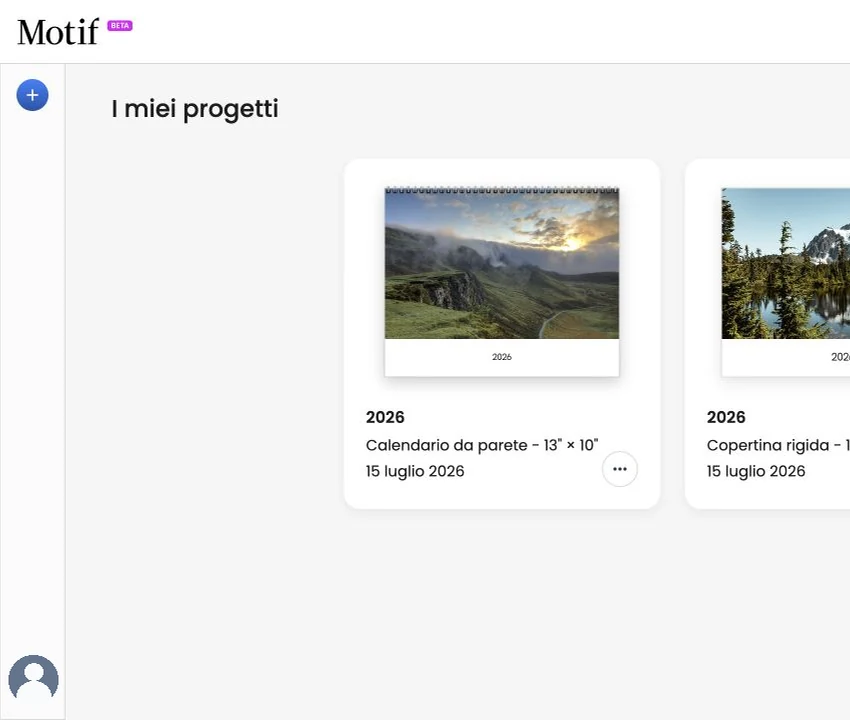 La pagina I miei progetti con un progetto fotografico pronto da aprire e un pulsante per crearne uno nuovo