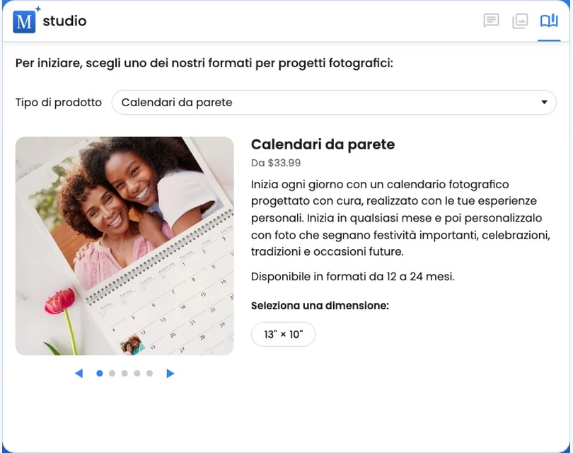 Il selettore dei prodotti che mostra un calendario da parete personalizzabile e il formato disponibile