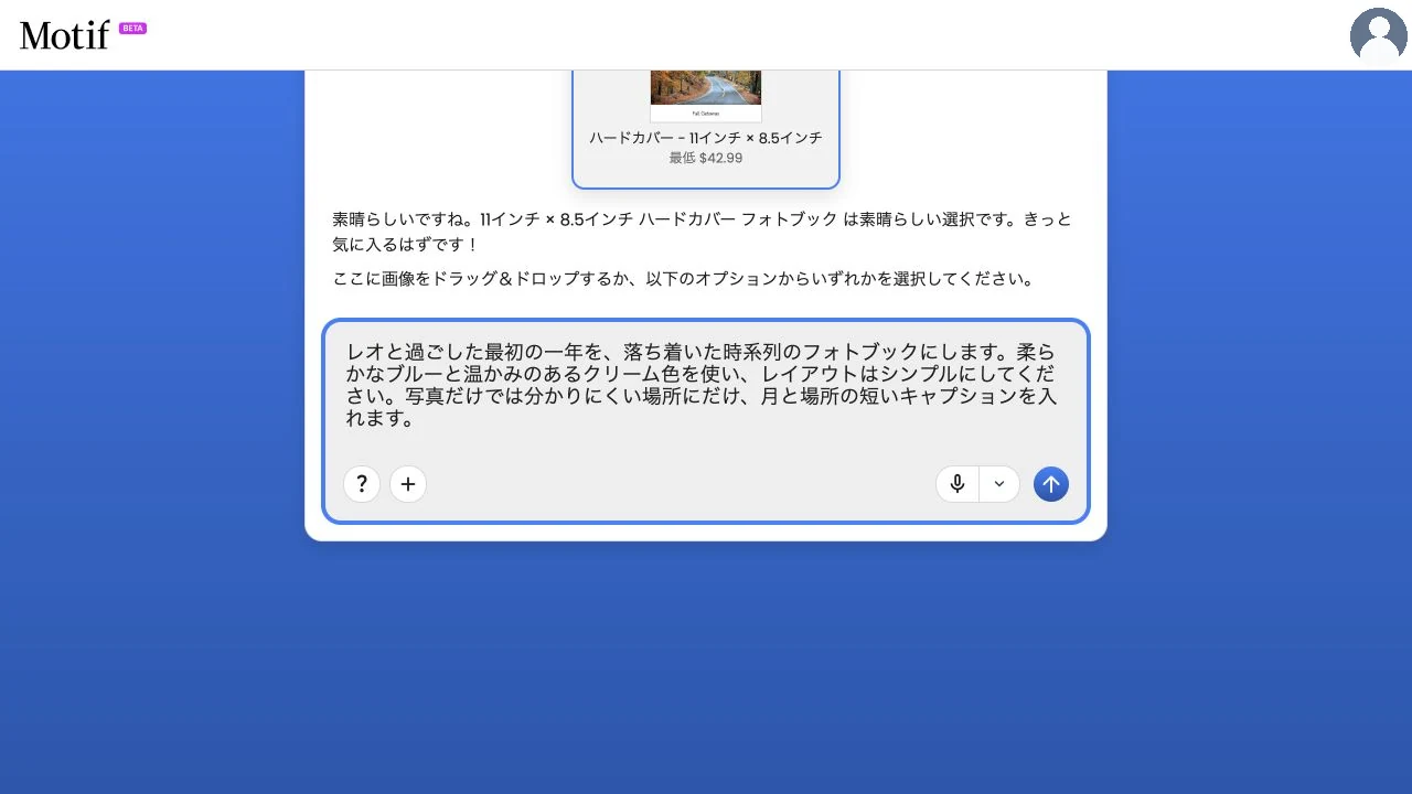 最初の1年を穏やかな雰囲気で時系列にまとめ、厳選したキャプションを添えたフォトブックを説明する作成ページのメッセージ