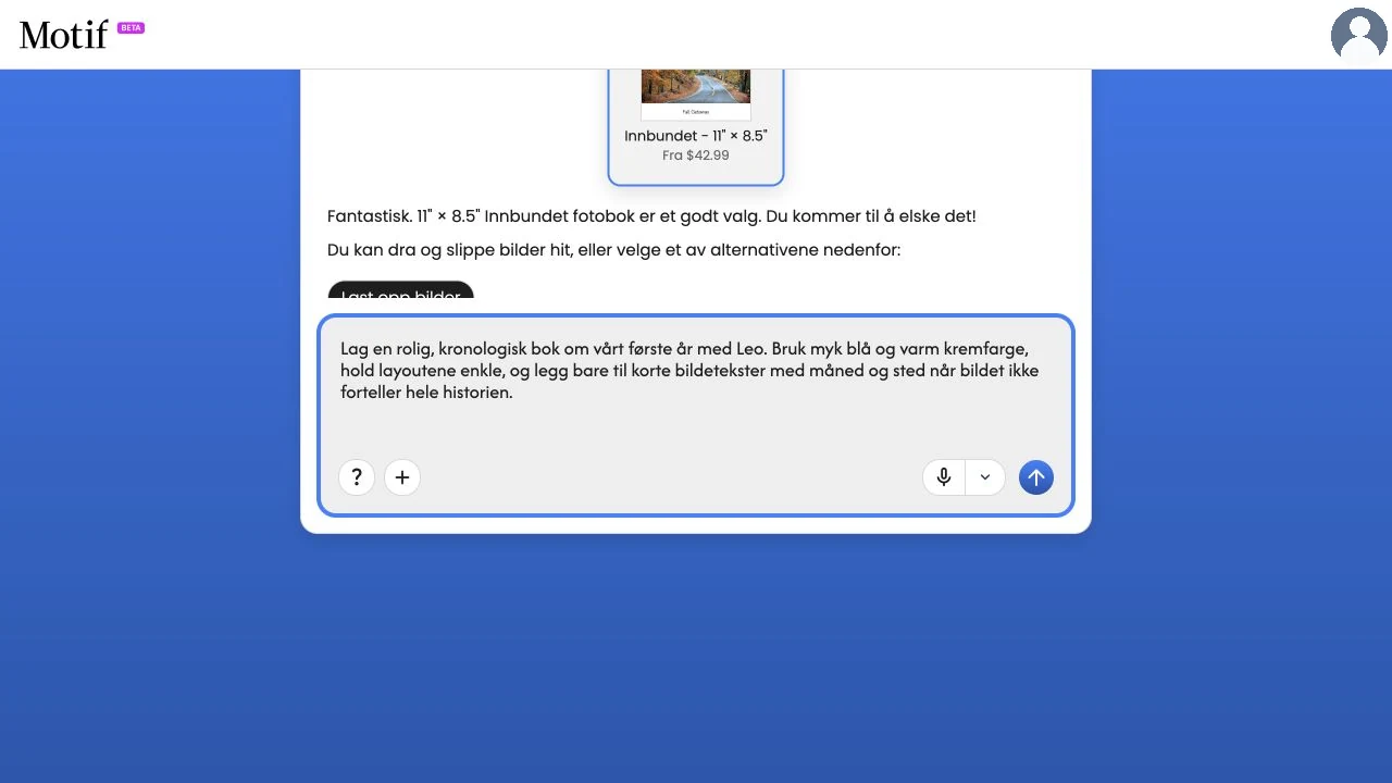 En melding på opprettingssiden som beskriver en rolig, kronologisk fotobok om det første året, med utvalgte bildetekster