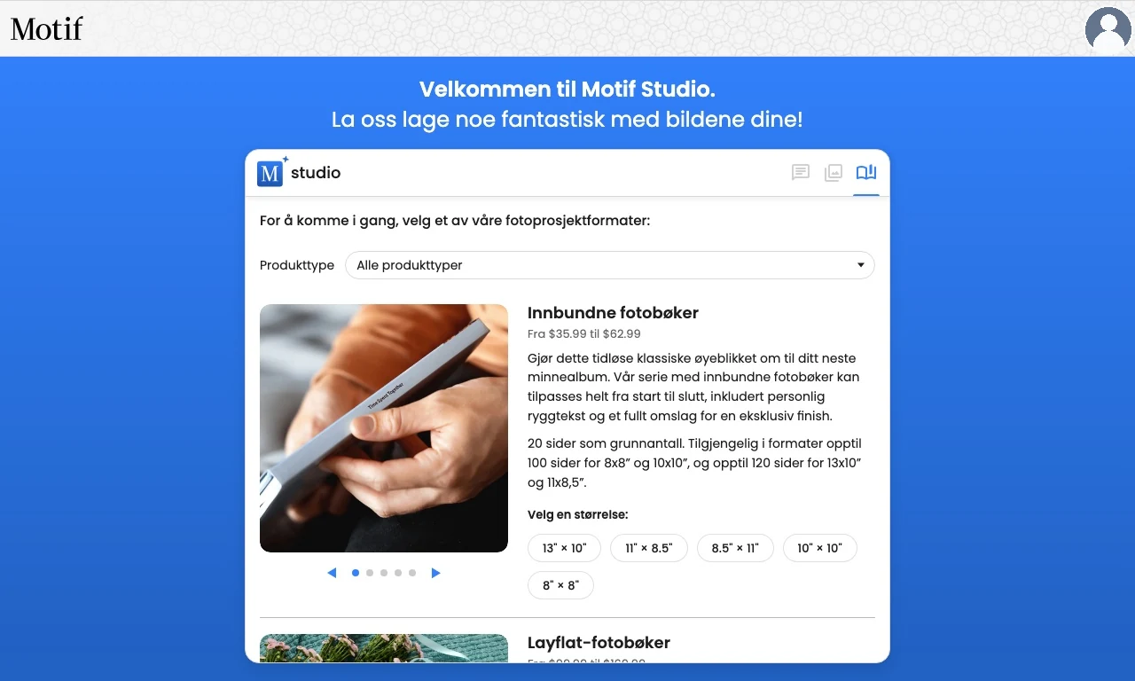 Filteret Produkttype over fotobokvalgene i Motif Studio