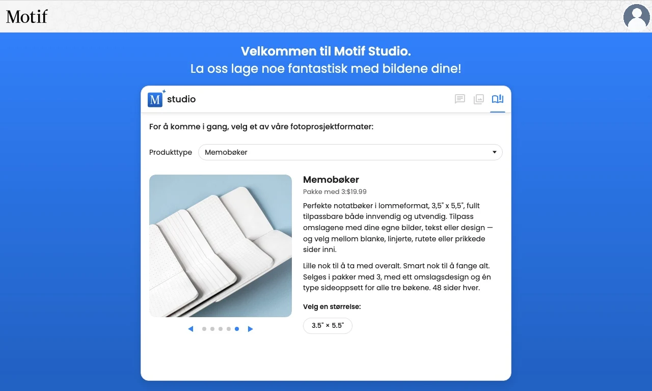 Produktvelgeren som viser memobøker samt tilgjengelige blanke, linjerte, rutete og prikkede sider
