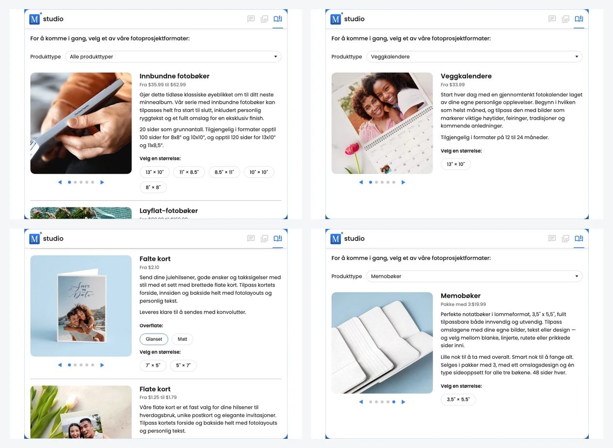 En collage med produktvalg i Motif Studio for fotobøker, veggkalendere, memobøker, kort og kompatible bokformater