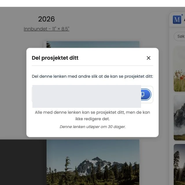 Vinduet Del prosjektet med den private forhåndsvisningslenken skjult