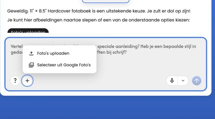 Het menu Foto's toevoegen met de opties Foto's uploaden en Selecteren uit Google Foto's