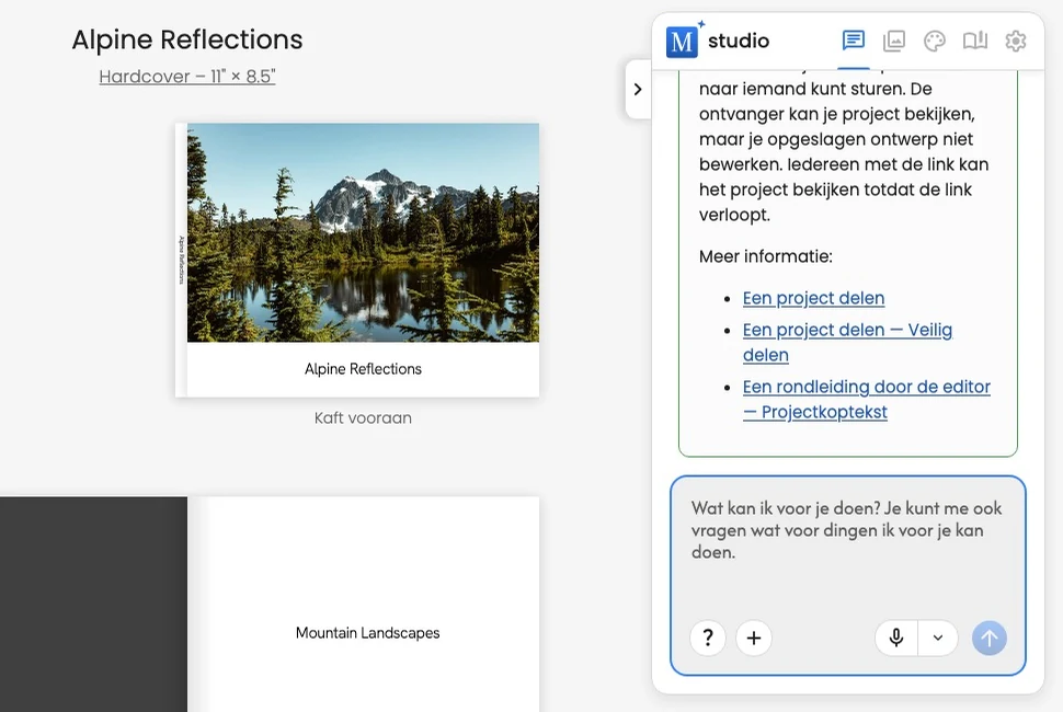 Een gemarkeerd hulpantwoord in Chat met links naar verwante Motif Studio-gidsen