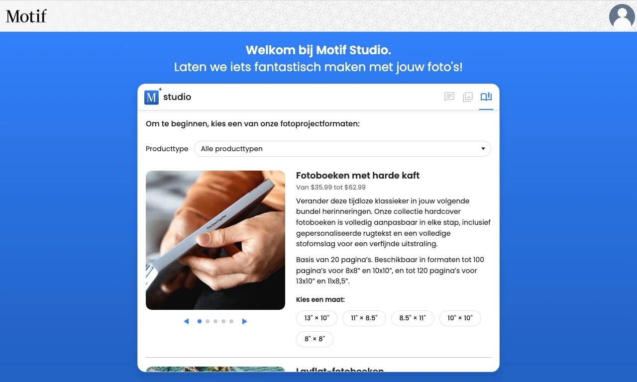 Het filter Producttype boven de fotoboekopties in Motif Studio