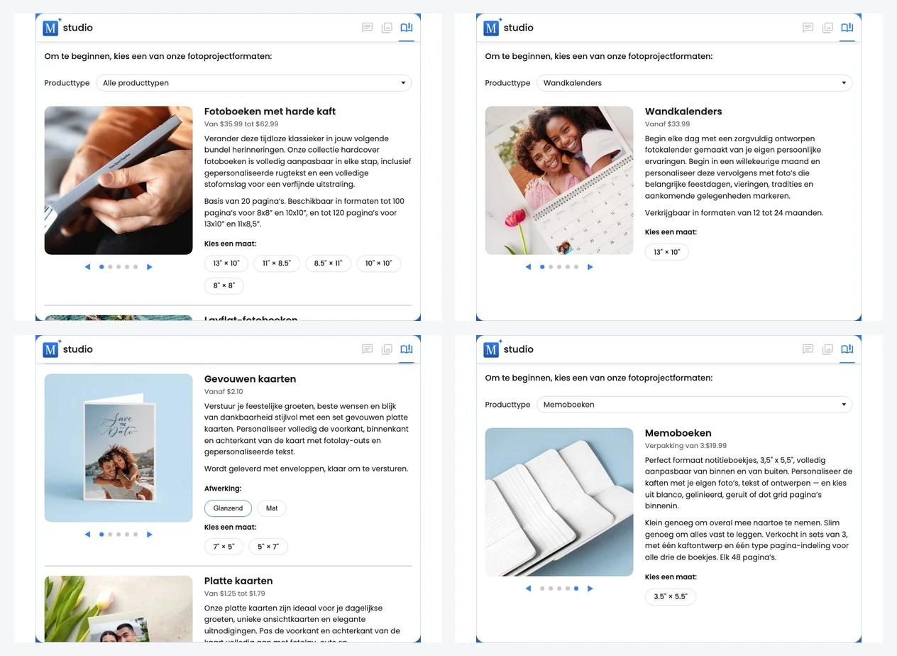 Een collage van Motif Studio-productkeuzes voor fotoboeken, wandkalenders, memoboeken, kaarten en compatibele boekformaten