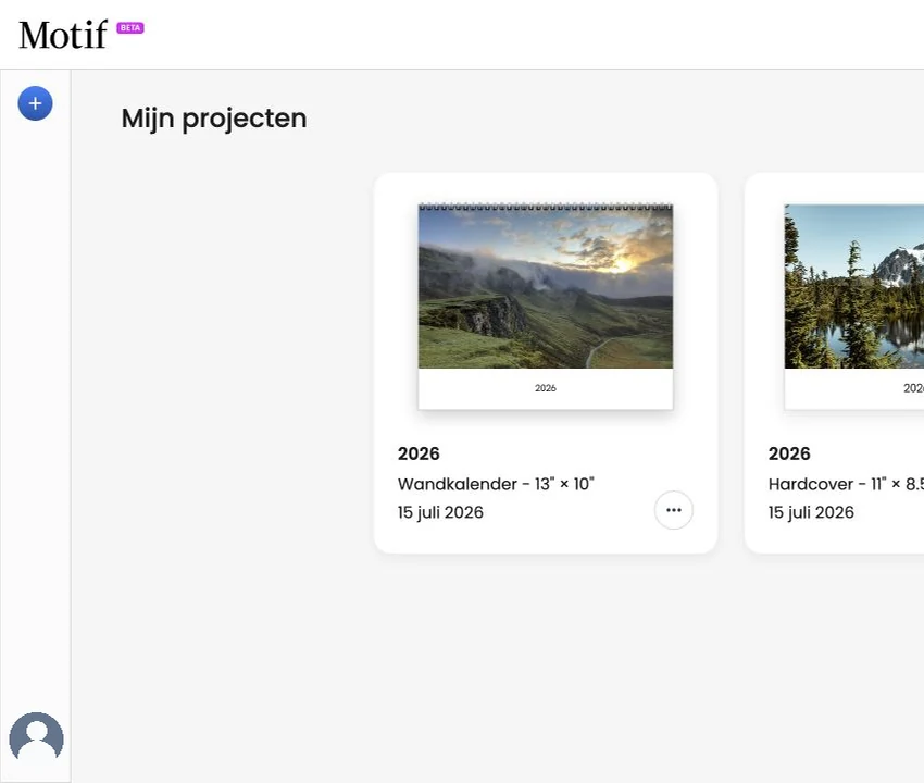 De pagina Mijn projecten met een fotoproject dat klaarstaat om te openen en een knop om een nieuw project te maken