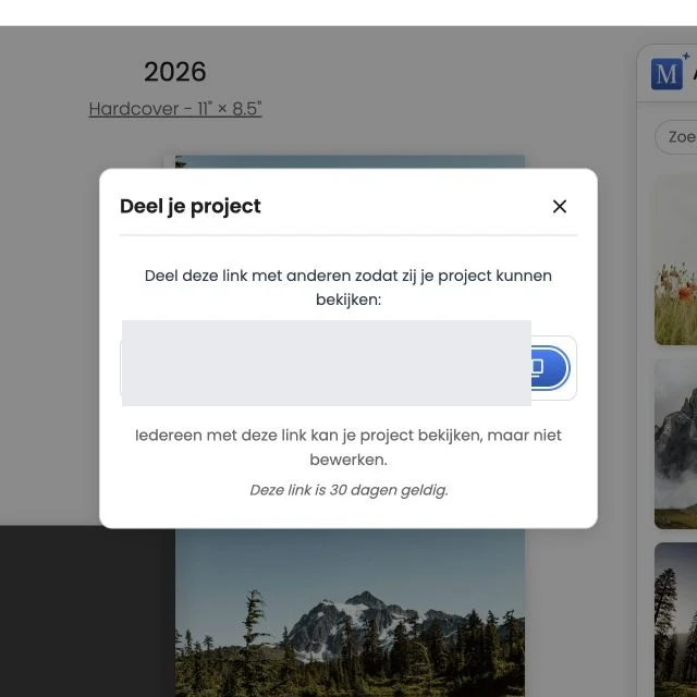 Het venster Je project delen met de afgeschermde privékoppeling naar het voorbeeld