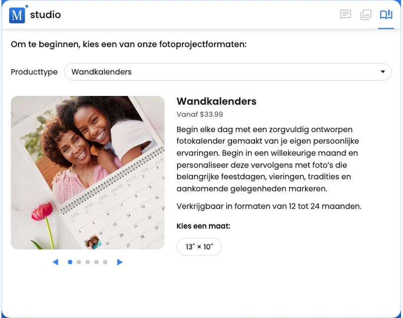 De productkiezer toont een aanpasbare wandkalender en het beschikbare formaat