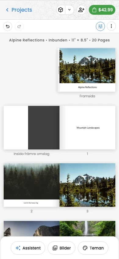 Motif Studios fotoboksredigerare på en telefon med projektreglage ovanför sidorna och redigeringsbladet dockat nedtill