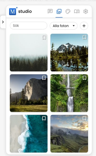 Fliken Foton med sökning, placeringsfilter och fotominiatyrer