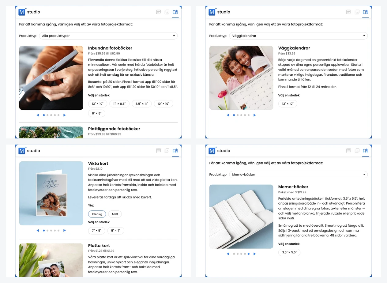 Ett collage med Motif Studios produktval för fotoböcker, väggkalendrar, memoböcker, kort och kompatibla bokformat
