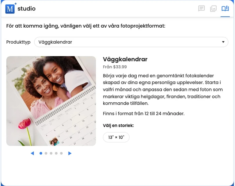 Produktväljaren visar en anpassningsbar väggkalender och den tillgängliga storleken