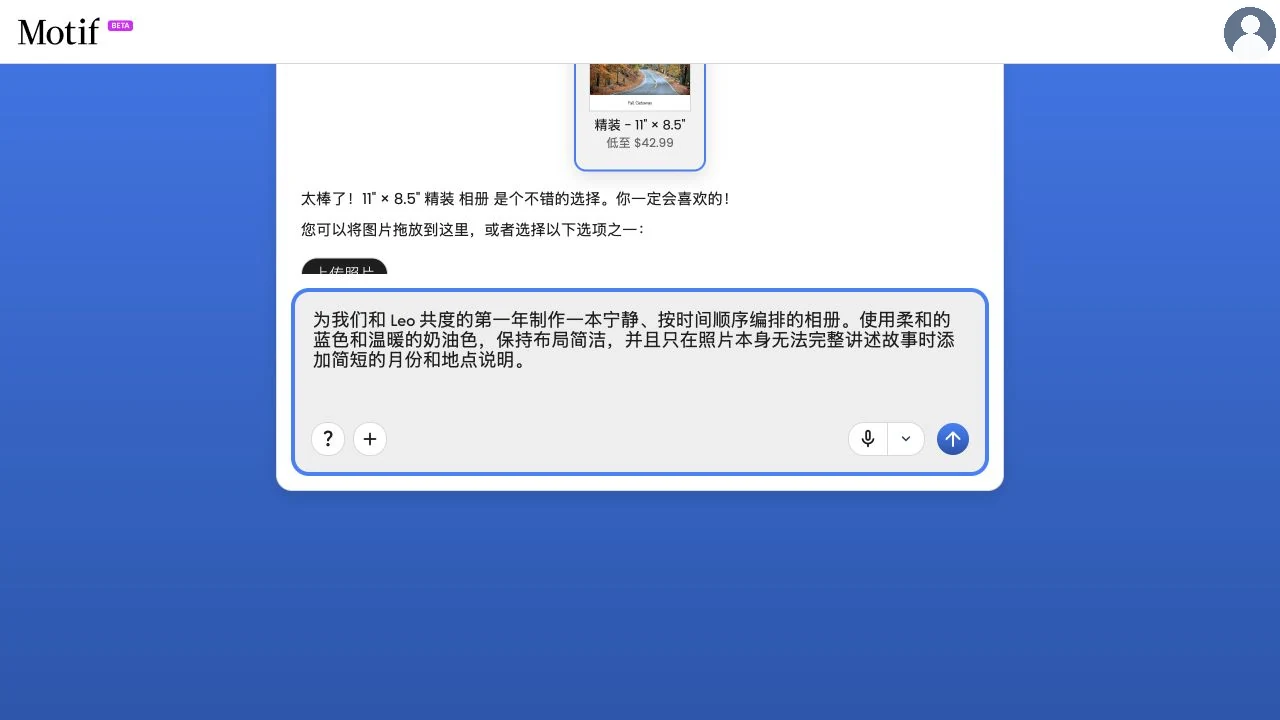 创建页面上的一条消息，描述一本按时间顺序记录第一年、风格宁静并配有精选说明文字的相册