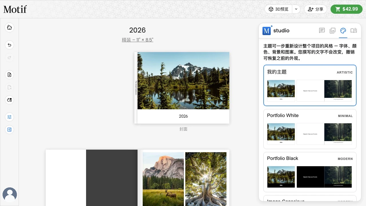 “主题”选项卡，其中显示使用当前项目内容预览的协调设计